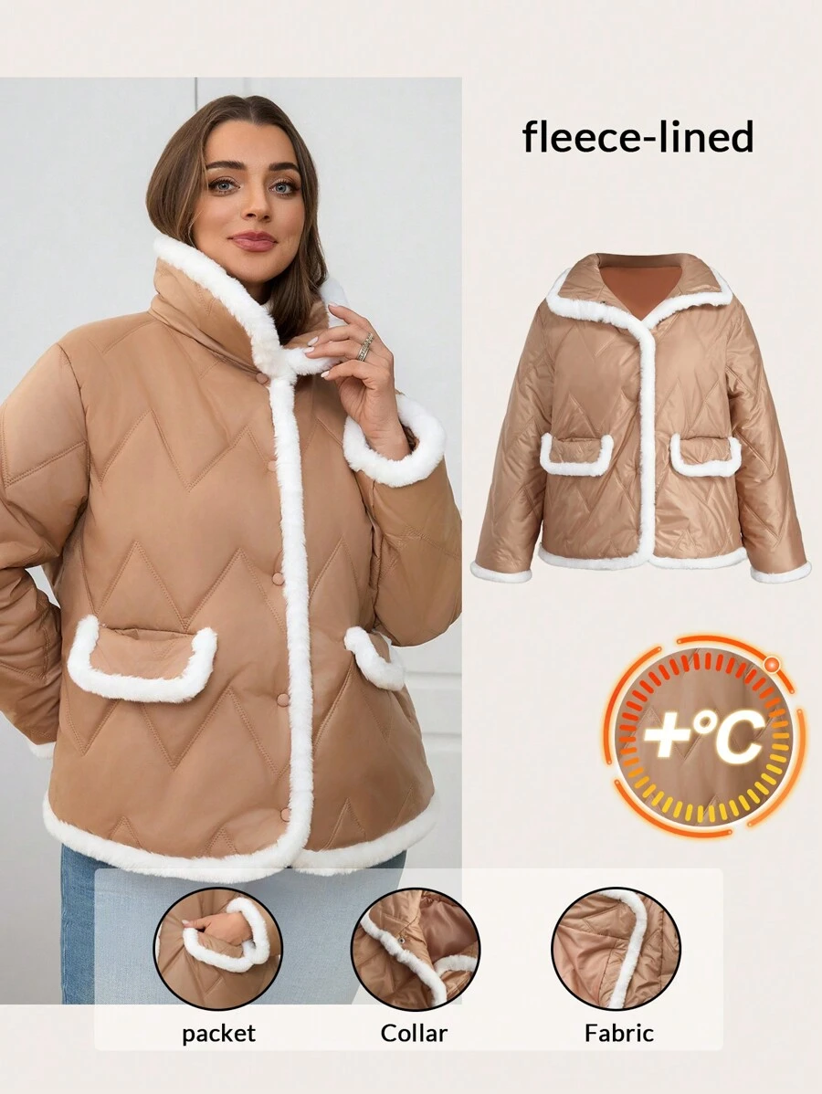 SHEIN Clasi Curvy Plus Size Women's White Fluffy Paneled Single Breasted Quilted Casual Jacket,Winter Fleece-Lined Coat For Hiking Outings,Abrigos - Apricot - View 1