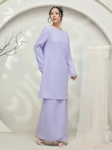 Veilorie Baju Kurung 2pcs/Set Extra Long Wavy Ruffle Hem Crop Top And Maxi Skirt Modest