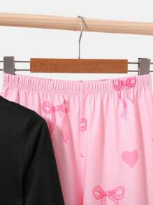 SHEIN Leap Crew 少女甜美简约蝴蝶结装饰圆领长袖长裤宽松休闲韩版阻燃睡衣套装，2件套