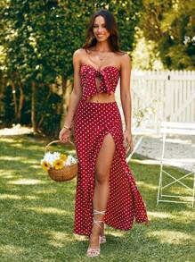 KARISMINA Elegant Red Polka Dot Summer Beach Woman Tie Front Crop Tube Top & Split Thigh Skirt Set,For Summer Vacation,Women Summer Clothing - Burgundy - View 1