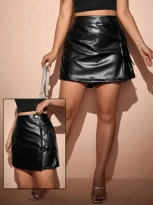 Allurite Plus Size Solid Color Drawstring Design High Waist Shorts - Black - View 4