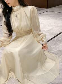 DAZY 女士宽松中长款派对/约会连衣裙，系带细节，适合舞会、秋季穿着，长袖设计，优雅女装 - 杏色 - 查看 7