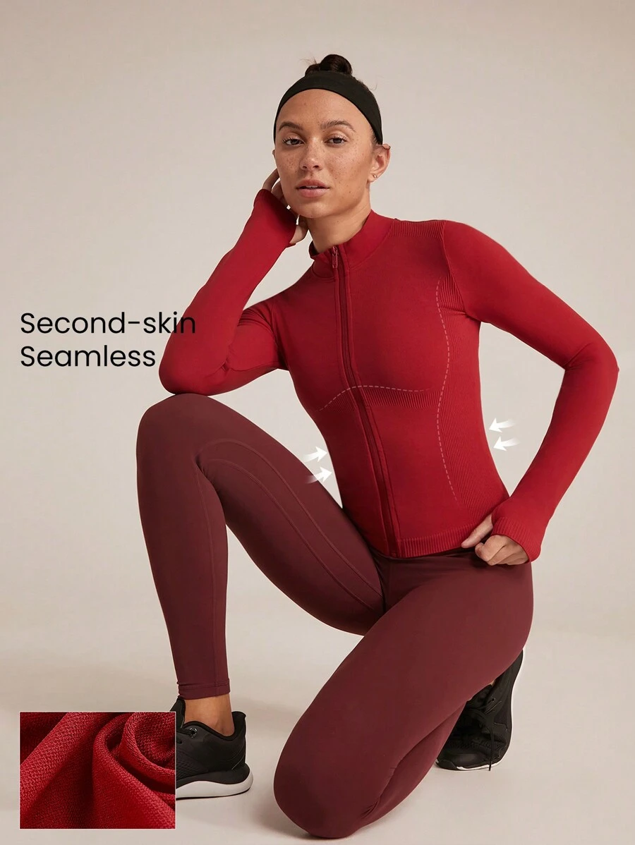 GLOWMODE 无缝柔软透气修身长袖拉链夹克带拇指孔日常休闲 - 紅色 - 查看 1