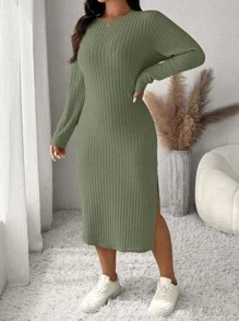 SHEIN Frenchy Plus Size Solid Color Round Neck Long Sleeve Split Simple Casual Dress - Army Green - View 3