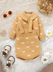 2pcs/Set Baby Girls' Ruffle Collar Long Sleeve Bodysuit, Suspender Bodysuit & Cardigan Set, - Yellow - View 4