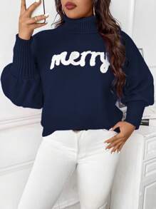 SHEIN Unity Plus Size Letter Embroidery Batwing Sleeve High Neck Casual Sweater, Winter Knit Pullover Fall - Blue - View 4