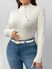 SHEIN Clasi Plus Size Slim Fit Casual Solid Color High-Neck Button Knitted Sweater, For Winter Fall - Beige - View 1