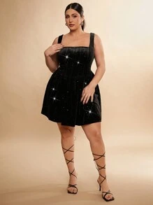 SHEIN BAE Plus Size Women Fall And Winter Black Glitter Velvet Large Square Collar Waist A-Line Mini Dress Suitable For Holiday Birthday Parties Daily Commuting Wear