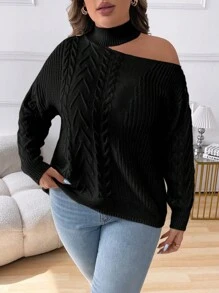 Elenzga Plus Size Solid Color Asymmetrical Neck Long Sleeve Open Shoulder Casual Pullover Sweater Knit Pullover Fall Winter Autumn - Black - View 7