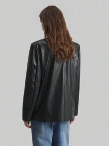 Ontre Ladies 2025 New Black PU Single-Button Pocket Casual Loose Long Sleeve Jacket, Daily, Work, Valentine's Day, Spring