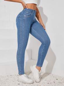 SHEIN Tall Casual Slim Fit Tapered Leg Discounted Jeans - Medium Wash - View 5