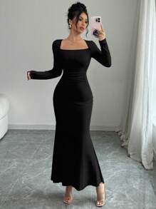 Selianne 合身弹力圆领性感美人鱼长裙女装 - 黑色 - 查看 6