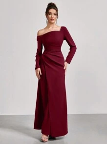 Coutiva 1pc Women's Asymmetrical Neck Long Sleeve Ruched Long Party Gown Dress, Fashion Banquet Party New Year's Eve Festival Socialite Elegant Dress, Wedding Guest Dress, Formal Dress, Evening Dress