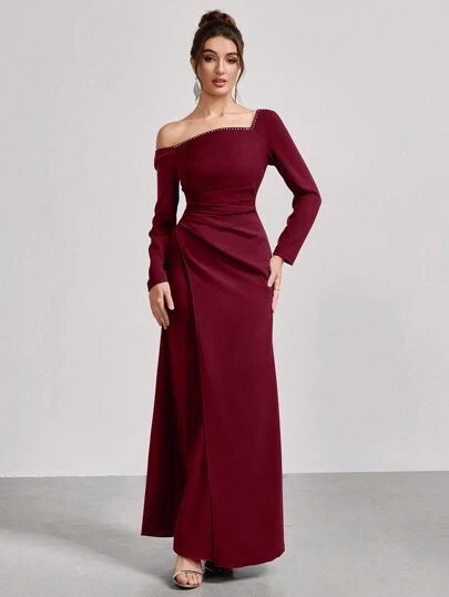 Coutiva 1pc Women's Asymmetrical Neck Long Sleeve Ruched Long Party Gown Dress, Fashion Banquet Party New Year's Eve Festival Socialite Elegant Dress, Wedding Guest Dress, Formal Dress, Evening Dress