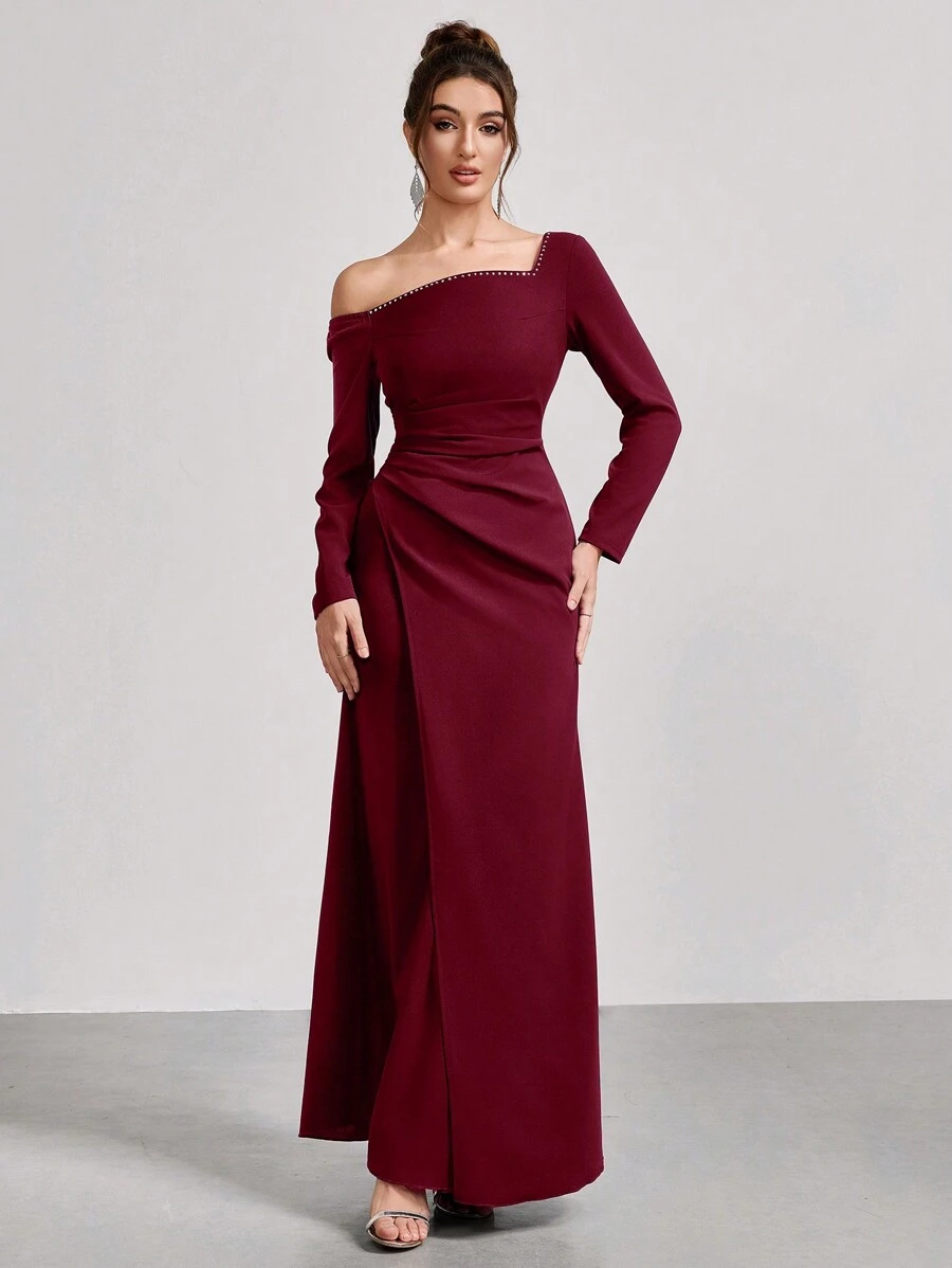 Coutiva 1pc Women's Asymmetrical Neck Long Sleeve Ruched Long Party Gown Dress, Fashion Banquet Party New Year's Eve Festival Socialite Elegant Dress, Wedding Guest Dress, Formal Dress, Evening Dress