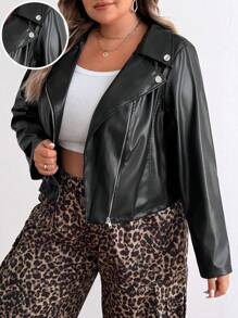 SHEIN CURVE+ Chaqueta talla grande con cremallera decorada con botones, manga larga, para el invierno - Negro - Ver 3