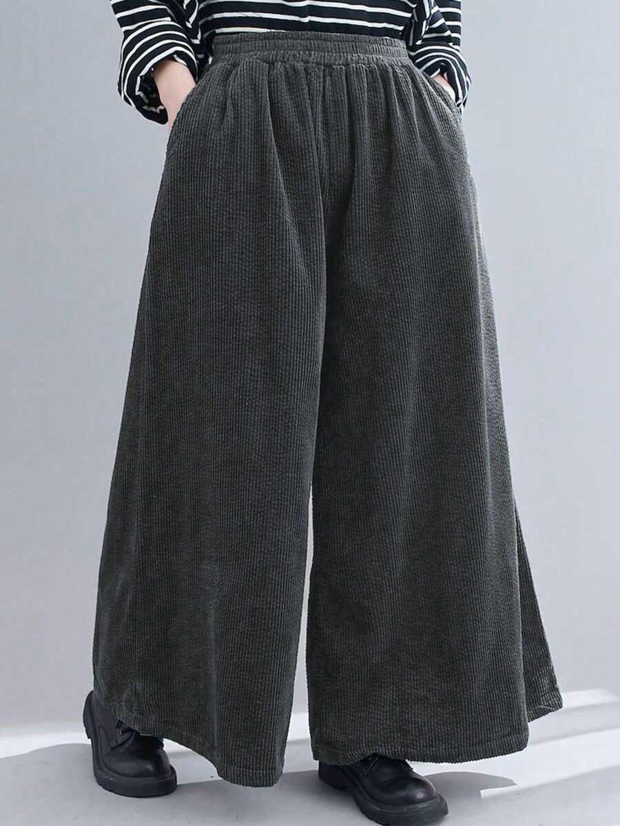 Plus Size Women Solid Color Elastic Waist Pockets Loose Wide Leg Casual Pants