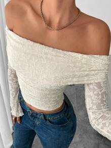 Siren Gaze Lace Top Holiday Elegant Lace Top Sheer Top Off Shoulder Top Women Off Shoulder Long Sleeve Minimalist T-Shirt, Casual Daily Wear Winter Chic White Spring - White - View 2