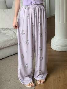 DAZY Cute Rabbit All-Over Print Loose Pajama Pants - Purple - View 3