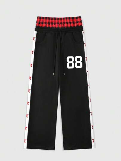 Street Life بناطيل رياضية سادة للرجال بحمالة خصر من قماش المربعات متباين اللون مناسبة