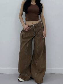 DAZY Distressed Wash Patchwork Wide Leg Jeans For Women,Baggy Jeans - Brown - View 6