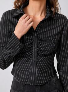 SHEIN EZwear Spring/Summer Advanced Black & White Striped Shirt With Ruched Front And Fitted Long Sleeves - Black and White - View 5