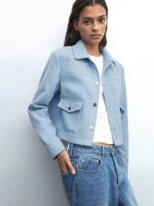 Maija Veste de travail polyvalente à manches longues, en mélange de laine, avec boutons frontaux, poches, de couleur bleu unicolore, pour femmes, idéale pour le printemps