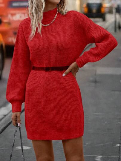 Chiquease 女士纯色立领长袖休闲短款针织连衣裙新年衣服