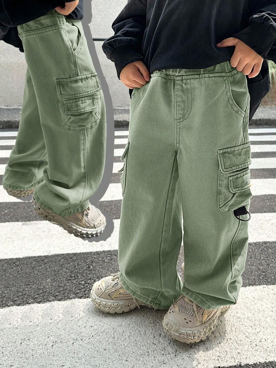 SHEIN 年轻男孩街头酷炫卡其色工装口袋宽松牛仔裤,休闲百搭,适合年轻男孩秋装 - 軍綠色 - 查看 1