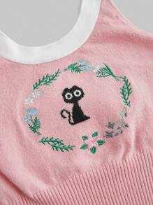2pcs Set Women's Sweetness Cat Embroidery Sleeveless Knitted Vest Sweater - Pink - View 3