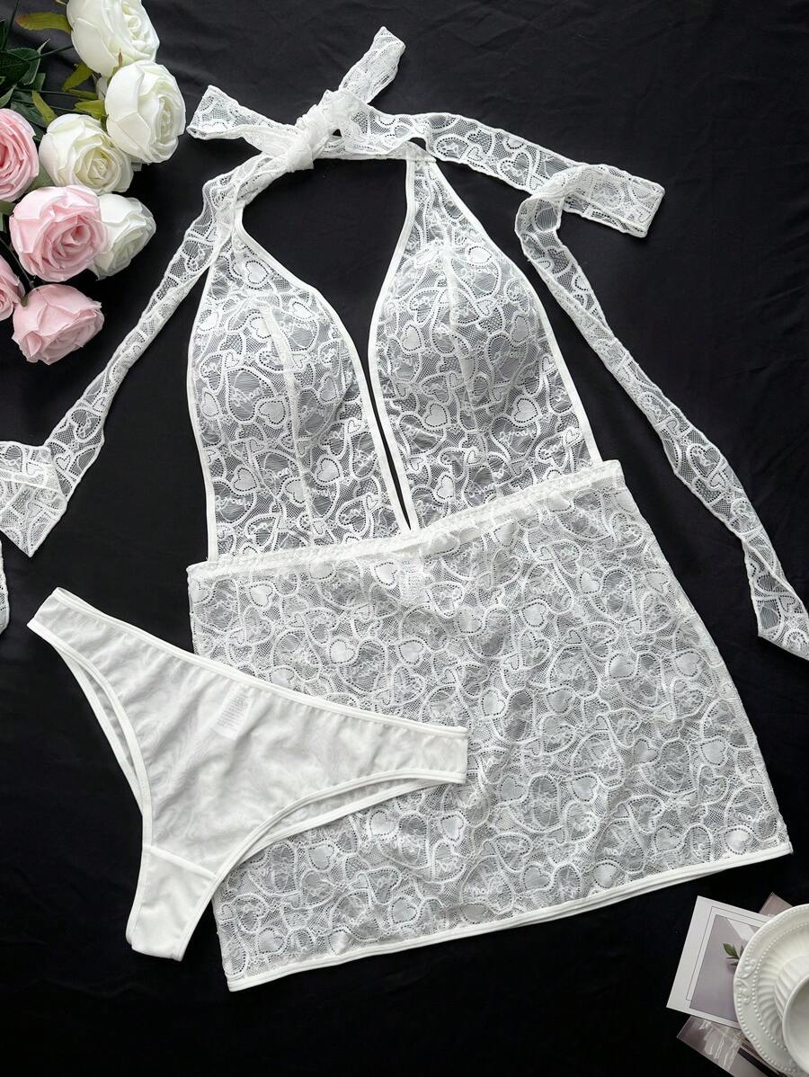 2pcs Plus Size Sexy Lace Lingerie Set - White - View 1