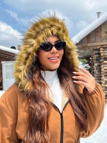 SHEIN EZwear Áo khoác parka dài lót lông cổ điển có mũ trùm đầu cỡ lớn cho nữ, quần áo mùa đông - màu nâu - Xem 9