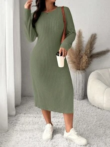 SHEIN Frenchy Plus Size Solid Color Round Neck Long Sleeve Split Simple Casual Dress - Army Green - View 5