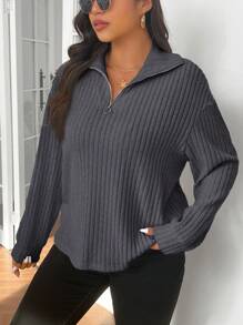 SHEIN Frenchy 休闲领拉链羊毛大码 T 恤，杏色 - 深灰色 - 查看 6