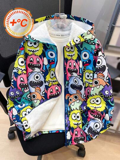 Chaqueta con capucha de peluche informal y versátil con diseño de monstruo de dibujos animados para niños preadolescentes