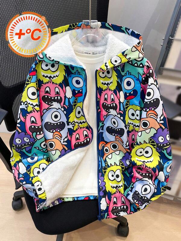 Veste à capuche en peluche avec motif monstre de bandes dessinées, polyvalente et décontractée pour garçons préadolescents