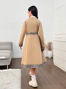 Tween Girl Classic Khaki Color-Block Leopard Cuff & Hem Relaxed Long Fashionable Trench Coat For Autumn/Winter - Khaki - View 2