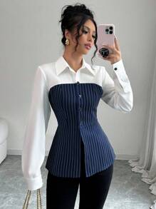 Selianne Autumn Elegant Office Commute Single-Breasted 2 In 1 Striped Shirt Fall Cloth For Women - Multicolor - View 1