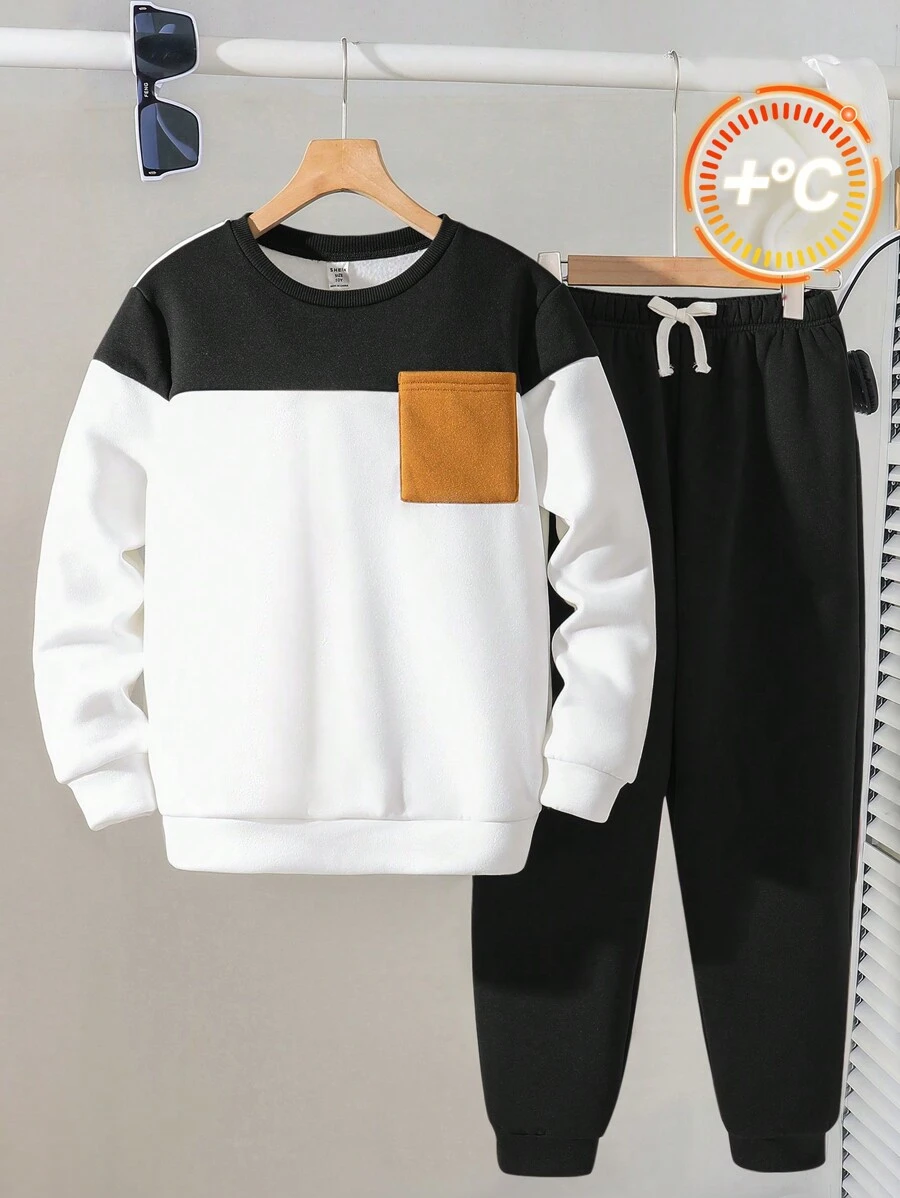 SHEIN 2 件套青少年男孩休闲圆领拼色绿色和运动衫搭配绿色运动裤，适合秋季、冬季、保暖、学校、居家、休闲、运动、生日派对、郊游、百搭百搭、保暖内衬