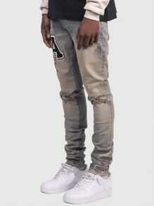 ROMWE MEN Street Life Men's Embroidered Skinny Jeans, Street Style - Medium Wash - View 3