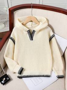 Classic Simple Grey Contrast Stitching Knit Sweater, Casual Hooded Pullover For Girls, Autumn/Winter