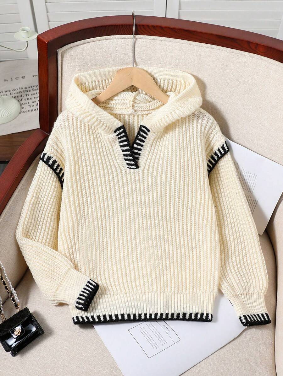 Classic Simple Grey Contrast Stitching Knit Sweater, Casual Hooded Pullover For Girls, Autumn/Winter