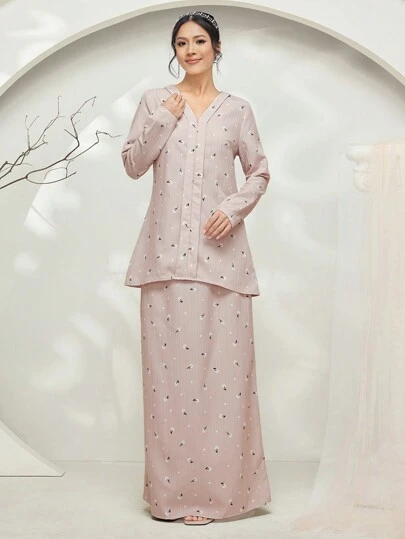 Veilorie Baju Kebaya 2pcs/Set Ditsy Floral Long Sleeve V-Neck Women Long Shirt & Long Skirt Modest