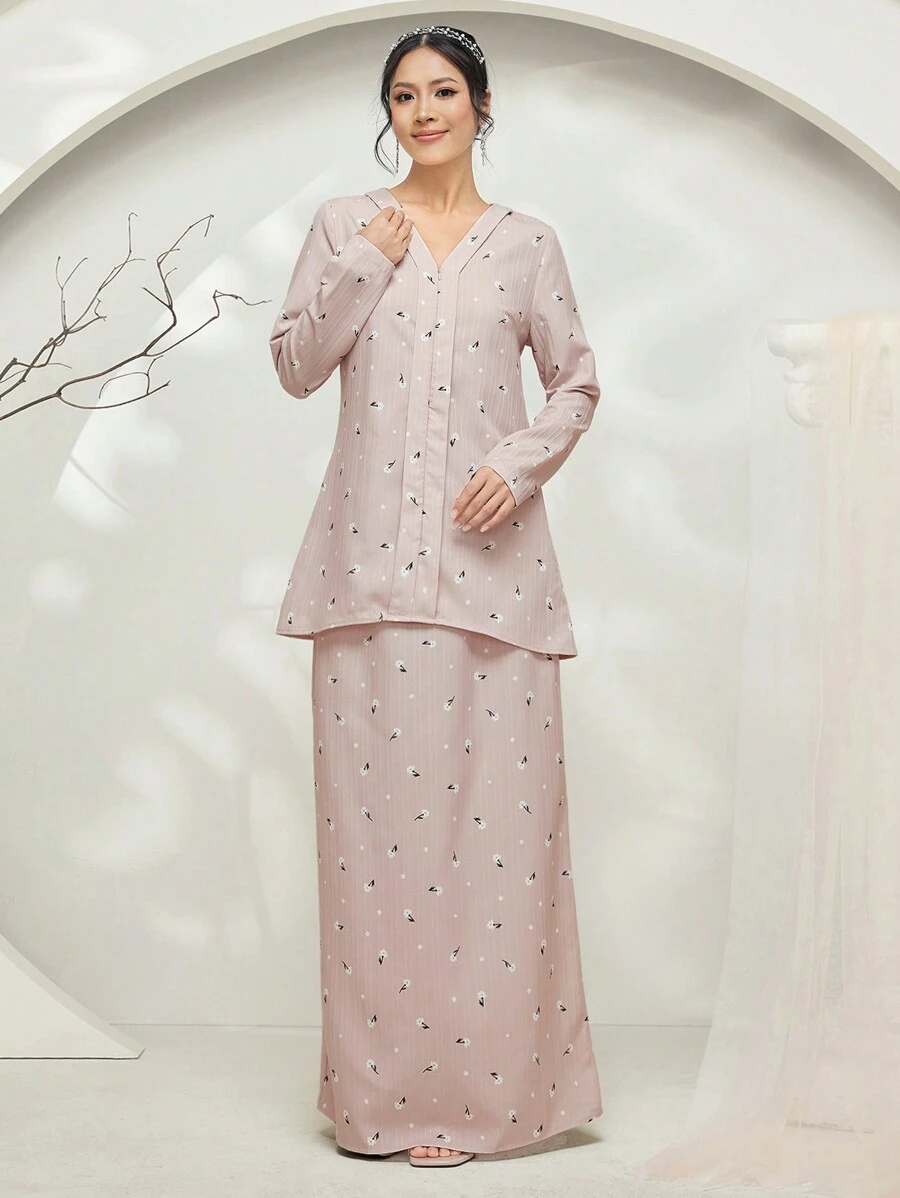 Veilorie Baju Kebaya 2pcs/Set Ditsy Floral Long Sleeve V-Neck Women Long Shirt & Long Skirt Modest - Multicolor - View 1