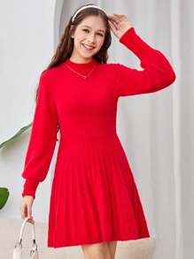 SHEIN 少女红色立领荷叶边袖纽扣式喇叭针织毛衣裙，适合秋季/圣诞节的休闲装 - 紅色 - 查看 1