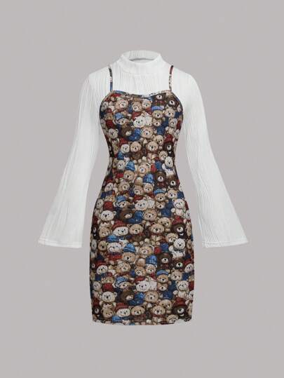 Tween Girl Solid Trumpet Sleeve Top And Bear Print Cami Dress Two-Piece Set, Elegant Vintage Style For Autumn And Winter