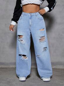 SHEIN ICON Plus Size Women Casual Distressed Denim Jeans - Blue - View 1