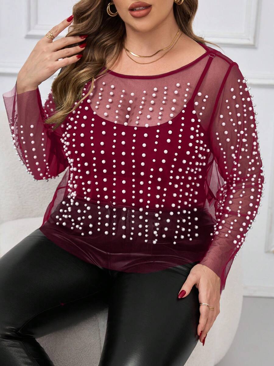 SHEIN Clasi 1 件大码女式优雅派对透明串珠无袖上衣,白色 - 酒紅色 - 查看 1