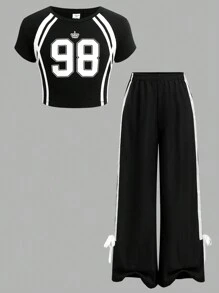 SHEIN Girlism Bộ 2 chiếc áo thun cổ tròn tay ngắn in họa tiết cho bé gái tuổi teen và quần legging - Nhiều màu - Xem 1