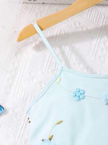 Tween Girls Spaghetti Strap Mesh Contrast Simple Casual Dress - Teal Blue - View 4